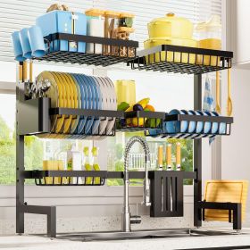 Over The Sink Dish Drainer Drying Rack with Utensil Knife Holder, Hooks, Stainless Steel Kitchen Organizers and Storage Solution