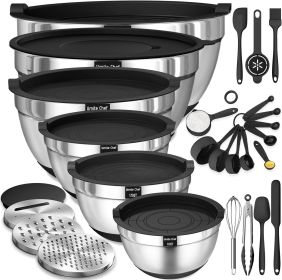 Mixing Bowls with Airtight Lids, 26Pcs Stainless Steel Bowls Set, 3 Grater Attachments Black Non-Slip Bottoms Size 7, 4, 2.5, 2.0,1.5, 1QT