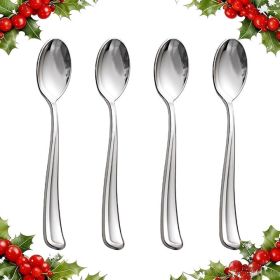 WDF 100 Pack Silver Plastic Spoons Disposable - 6.9 Inch Silver Spoons Heavy Duty Plastic Spoons