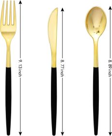 102pcs Gold Plastic Silverware, Golden Cutlery with Black Handle, Disposable Flatware Collection