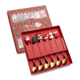 6pcs /Pack Christmas Cartoon Doll Stainless Steel Tableware (Options: Spoon+Red Box, Color: Gold)