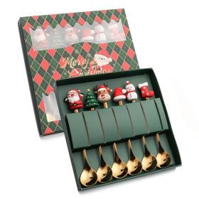6pcs /Pack Christmas Cartoon Doll Stainless Steel Tableware (Options: Spoon+Green Box, Color: Gold)