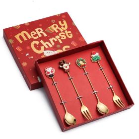 4pcs /Pack Christmas Gift Spoon Cartoon Fruit Fork Dessert Coffee Scoop (Options: Style A, Color: Gold)