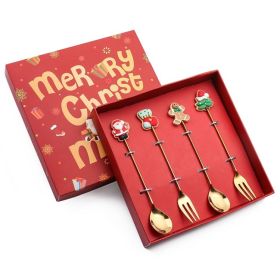 4pcs /Pack Christmas Gift Spoon Cartoon Fruit Fork Dessert Coffee Scoop (Options: Style B, Color: Gold)