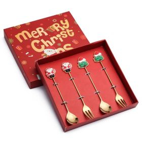 4pcs /Pack Christmas Gift Spoon Cartoon Fruit Fork Dessert Coffee Scoop (Options: Style D, Color: Gold)