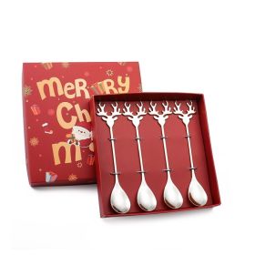 4pcs /Pack Christmas Deer Stirring Spoon Coffee Dessert Scoop (Color: Silver, Type: Gadgets)