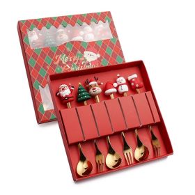 6pcs /Pack Christmas Cartoon Shape Stainless Steel Tableware (Options: Style D Spoon Fork+Red Box, Color: Gold)