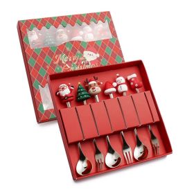 6pcs /Pack Christmas Cartoon Shape Stainless Steel Tableware (Options: Style D Spoon Fork+Red Box, Color: Silver)