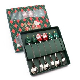 6pcs /Pack Christmas Cartoon Shape Stainless Steel Tableware (Options: Style A Spoon Fork+Green Box, Color: Silver)