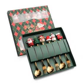 6pcs /Pack Christmas Cartoon Shape Stainless Steel Tableware (Options: Style D Spoon Fork+Green Box, Color: Gold)