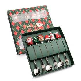 6pcs /Pack Christmas Cartoon Shape Stainless Steel Tableware (Options: Style D Spoon Fork+Green Box, Color: Silver)