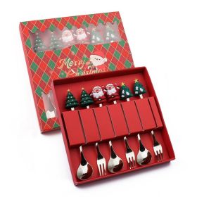 6pcs /Pack Christmas Cartoon Shape Stainless Steel Tableware (Options: Style A Spoon Fork+Red Box, Color: Silver)