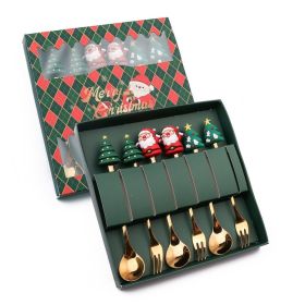 6pcs /Pack Christmas Cartoon Shape Stainless Steel Tableware (Options: Style A Spoon Fork+Green Box, Color: Gold)