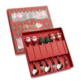 6pcs /Pack Christmas Cartoon Shape Stainless Steel Tableware (Options: Style C Spoon Fork+Red Box, Color: Silver)