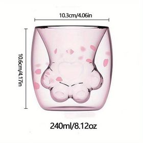1pc Cat Claw Glass Cup, Creative Insulated Glass Double Layer Coffee Cup High Borosilicate Tea Cup Household Cute Transparent Cat Paw Glass Water (Color: Pink)